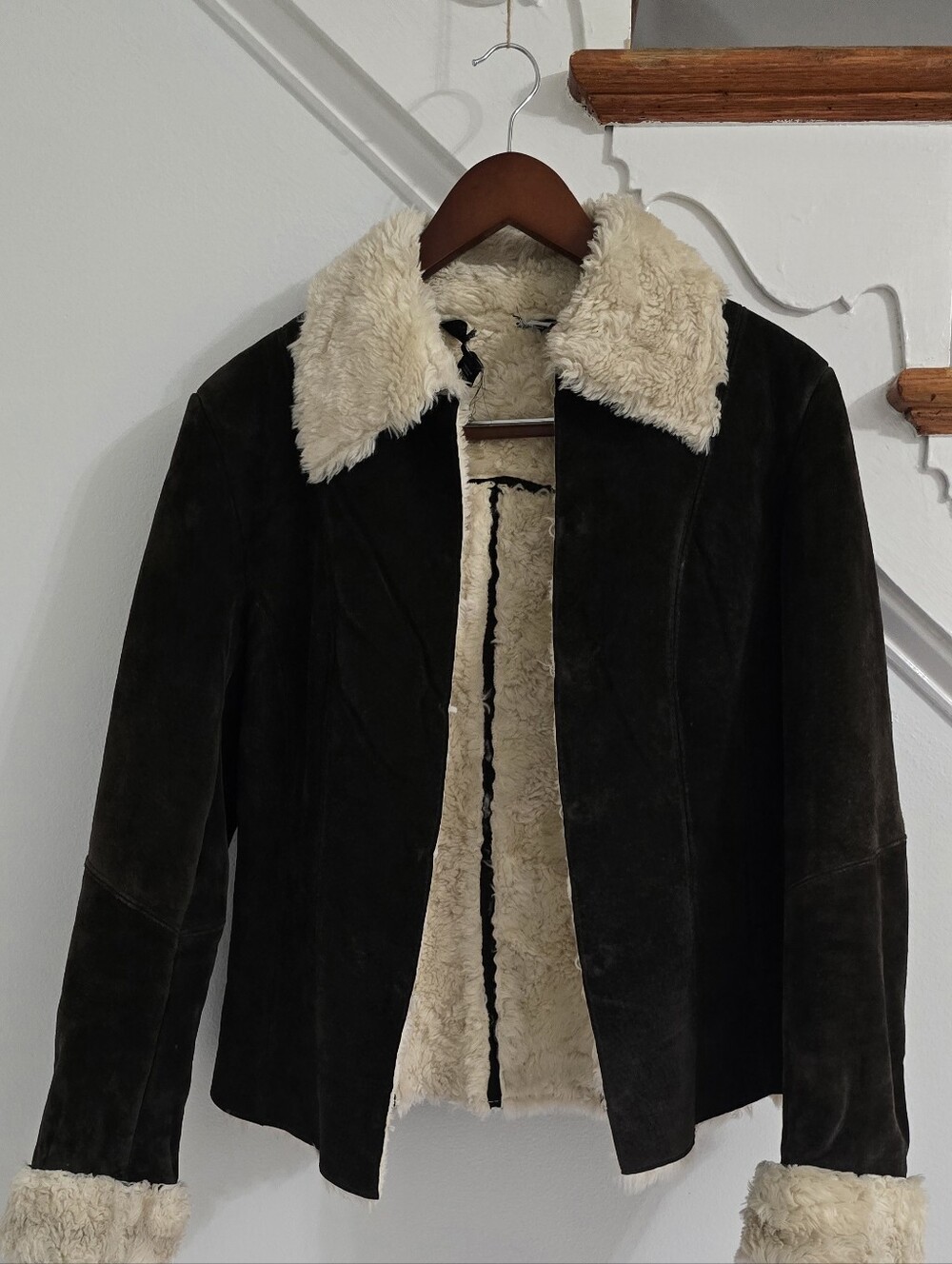 Vintage Express Real Leather Shearling Afghan Jacket Brown Faux Fur Size 9/10